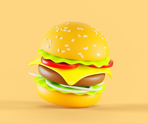 Icônico de renderização 3D de hambúrguer ou hambúrguer Sanduíche de comida rápida de semente de gergelim com carne grelhada, queijo, tomate, cebola, alface isolada no fundo Ilustração 3D de banner de desenho animado