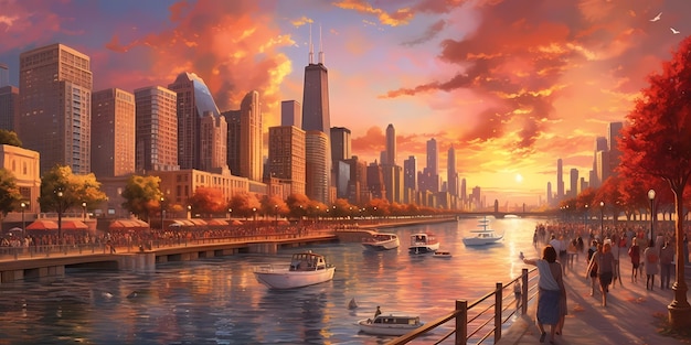 El icónico horizonte de Chicago al atardecer con imponentes rascacielos que reflejan los tonos cálidos del sol Generativo ai