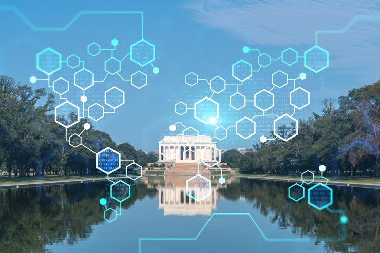 Foto icónico lincoln memorial washington dc ee.uu. visto desde el espejo de agua política estadounidense y organismos gubernamentales economía descentralizada criptografía de cadena de bloques y holograma de concepto de criptomoneda