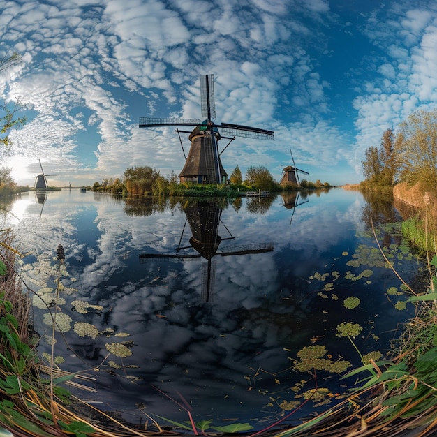 Icônicos moinhos de vento holandeses em Kinderdijk Uma cena pitoresca de um moinho de vento à beira-mar