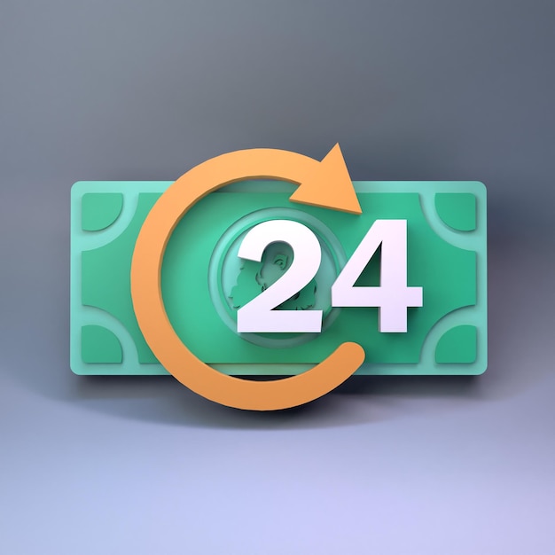 Icono 24 horas y dólares Ilustración de renderizado 3d del logotipo las 24 horas