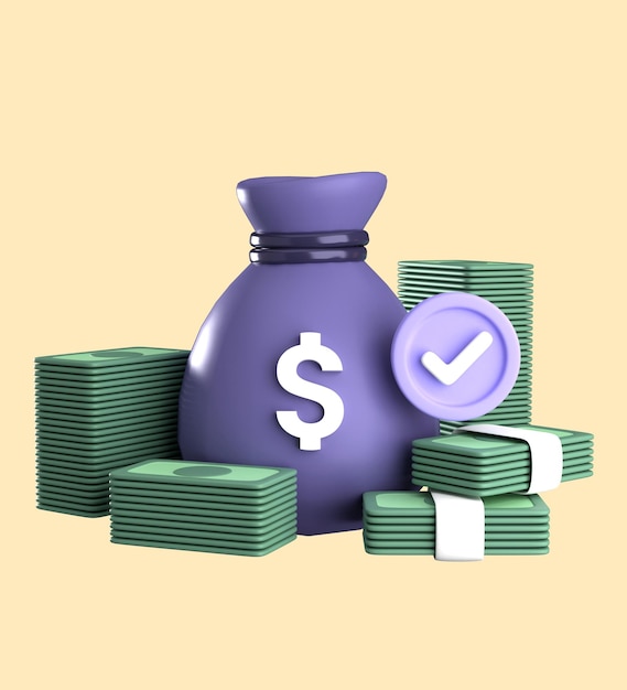 Icono 3D de una bolsa de dinero y una pila de monedas de oro concepto de inversión financiera de negocios