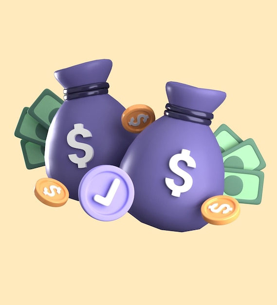 Icono 3D de una bolsa de dinero y una pila de monedas de oro concepto de inversión financiera de negocios