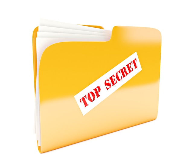 Icono 3d de carpeta amarilla con etiqueta Top secret aislado en blanco