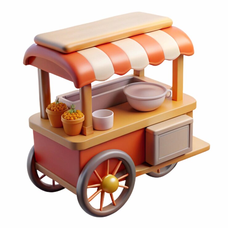Icono 3D de un carrito de comida vintage con toldo a rayas