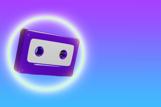 Icono 3d de cassette de audio púrpura con brillo de neón circular