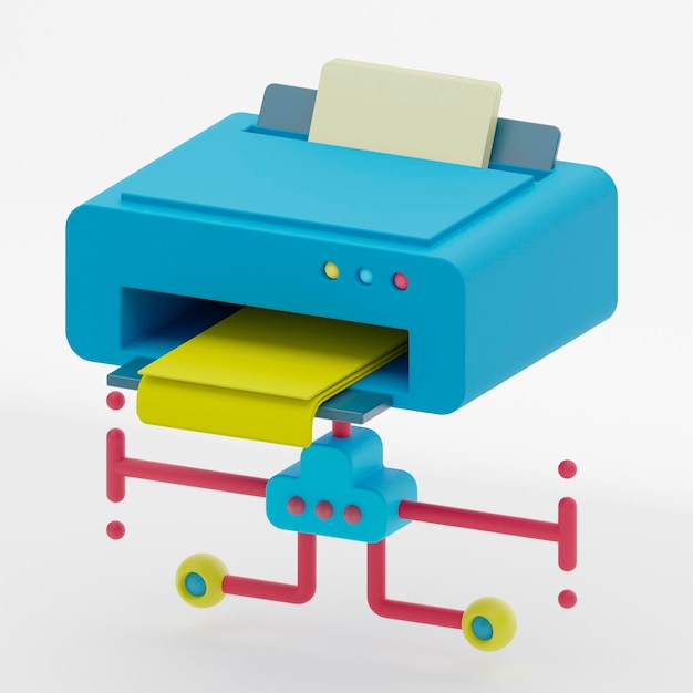 Icono 3D de compartición de impresoras conectado a la red de computadoras