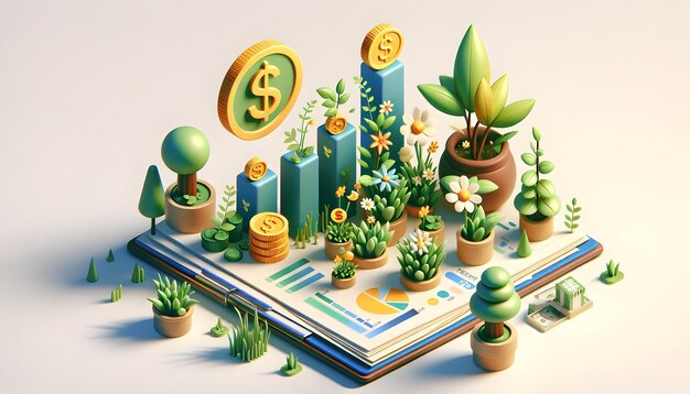 Foto icono 3d flora fiscal característica flores innovadoras tapa de pared que representa el crecimiento financiero y el s verde