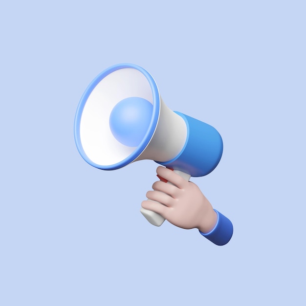 Icono 3D Mano sujetando megáfono sobre fondo azul con trazado de recorte Concepto de marketing Representación 3D