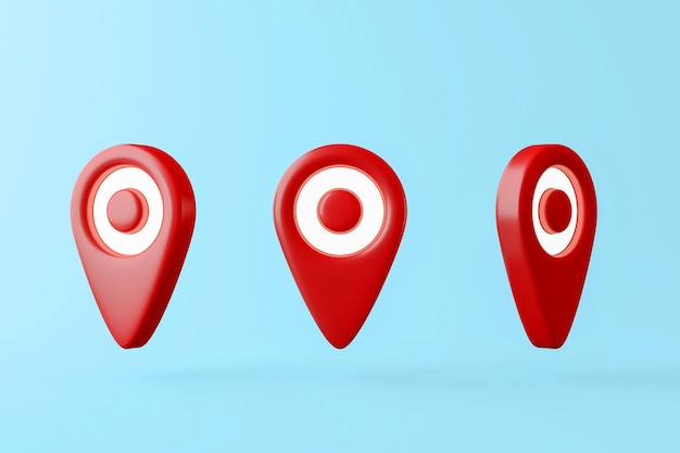 Icono 3d de puntero de mapa de ubicación rojo sobre fondo azul, marca de puntero de GPS. punto de ubicación web. Representación 3d