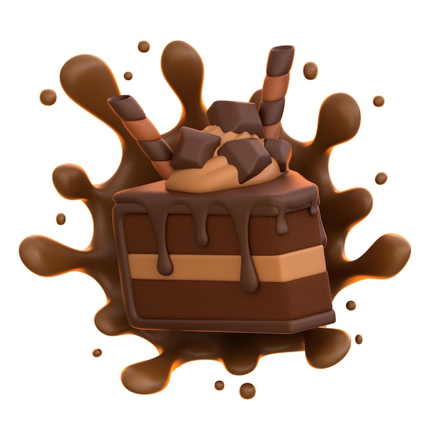 Icono 3D de la rebanada de la tarta de chocolate Ilustración 3D del elemento 3D Rendering de los elementos gráficos