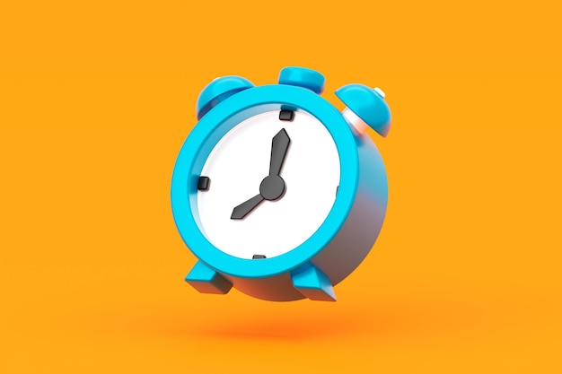 Foto icono 3d de reloj de alarma de campana mínima azul aislado en fondo amarillo con concepto de recordatorio de reloj de temporizador matutino despierto o cronómetro redondo analógico clásico en blanco y fecha límite de hora de alerta de anillo vintage vacío