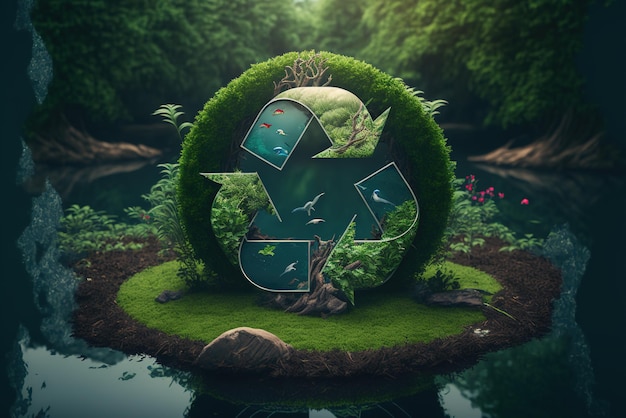 Un ícono abstracto que representa la llamada ecológica en medio de una hermosa jungla virgen