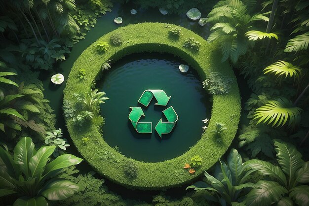 Icono abstracto que representa el llamamiento ecológico para reciclar y reutilizar en forma de un estanque con un símbolo de reciclaje en el medio de una hermosa jungla intacta renderización 3d