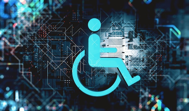 Icono de accesibilidad con silla de ruedas y fondo abstracto de tecnología3