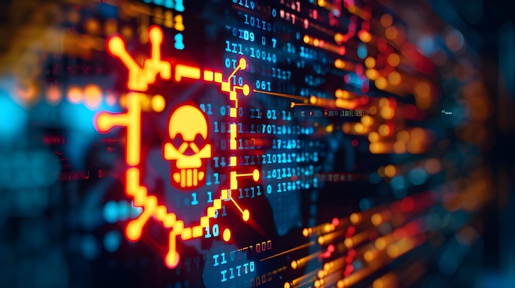 Foto icono de advertencia en una pantalla lcd digital con noción de reflejo de un malware ransomware de ciberataque