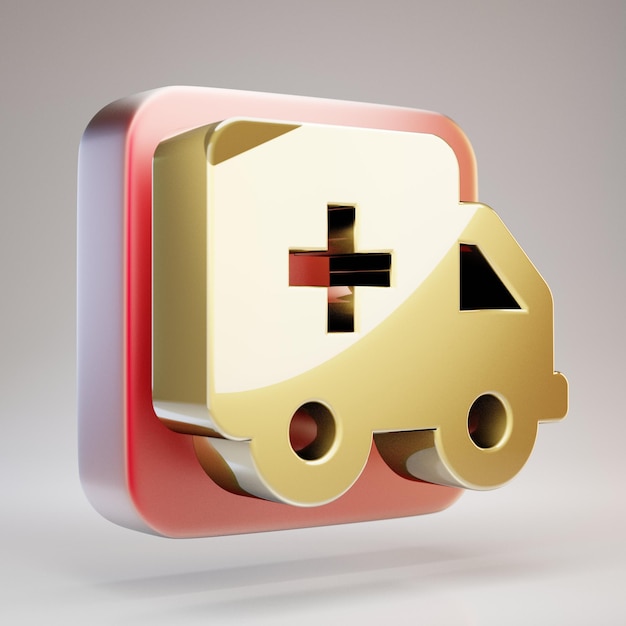 Foto icono de ambulancia. símbolo de ambulancia de oro en placa de oro rojo mate. 3d prestados icono de redes sociales.
