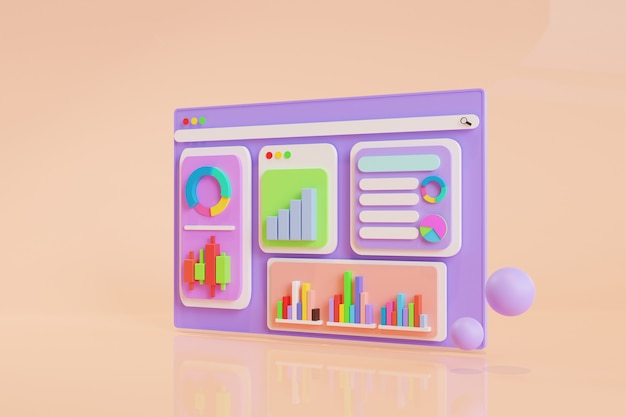 Icono, análisis de datos, panel de gráficos e informe de finanzas comerciales. inversión o concepto de SEO del sitio web del mercado de valores. Ilustraciones 3D.