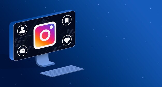 Icono de la aplicación de Instagram en la pantalla de la computadora con insignias de actividad social 3d