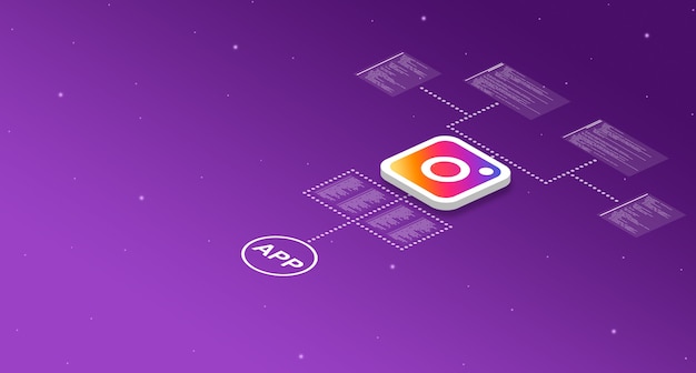 Icono de la aplicación de Instagram en el sistema con elementos de código de programa 3d