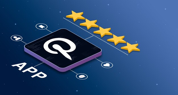 icono de la aplicación de Pinterest con una calificación de 5 estrellas e insignias de actividad social 3d