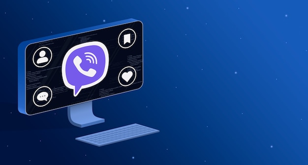Icono de la aplicación Viber en la pantalla de la computadora con insignias de actividad social 3d