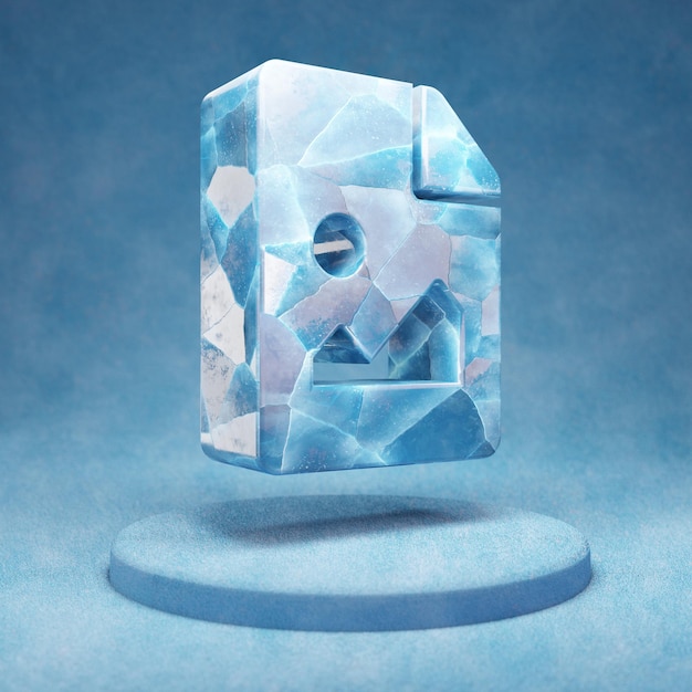 Icono de archivo de imagen. Símbolo de archivo de imagen de hielo azul agrietado en el podio de nieve azul. Icono de redes sociales para sitio web, presentación, elemento de plantilla de diseño. Render 3D.