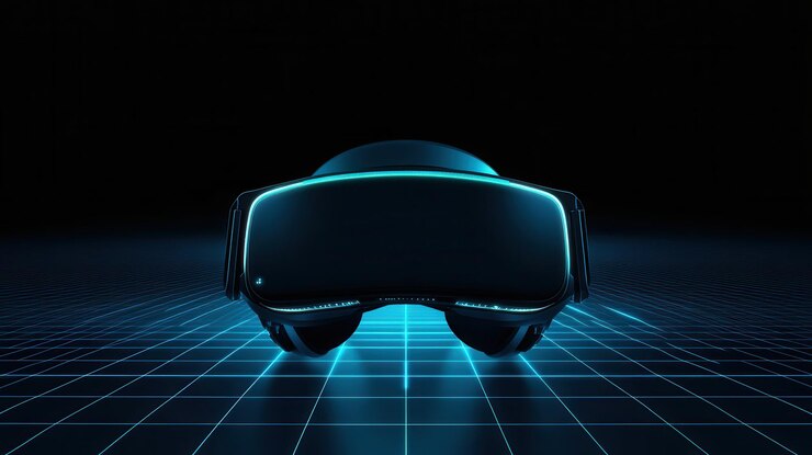 Ícono de auriculares de realidad virtual minimalista en fondo futurista con espacio para copiar