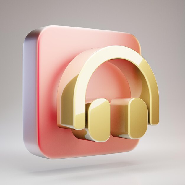 Icono de auriculares. Símbolo de auriculares de oro en placa de oro mate rojo. 3D prestados icono de redes sociales.