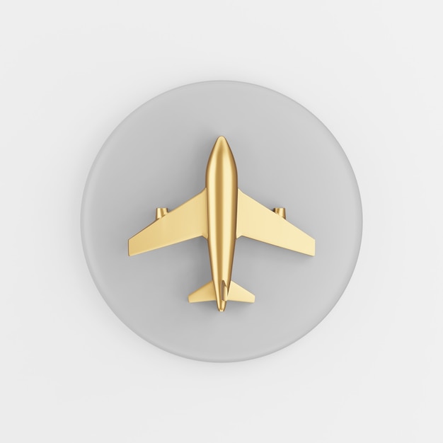 Icono de avión dorado. Botón de tecla redonda gris de renderizado 3D, elemento de interfaz ui ux de interfaz.