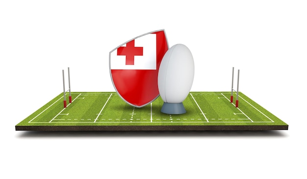 Icono de bandera de escudo de rugby de Tonga con pelota de rugby 3D Render