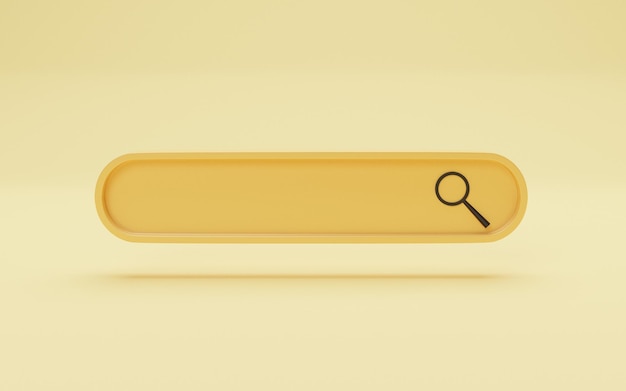 Icono de la barra de búsqueda en el motor de búsqueda web de fondo amarillo y el concepto de optimización de motor de búsqueda SEO por renderizado 3D