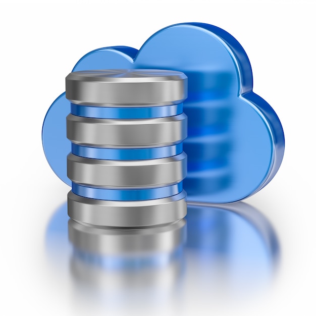 Icono de base de datos de metal y nube azul brillante