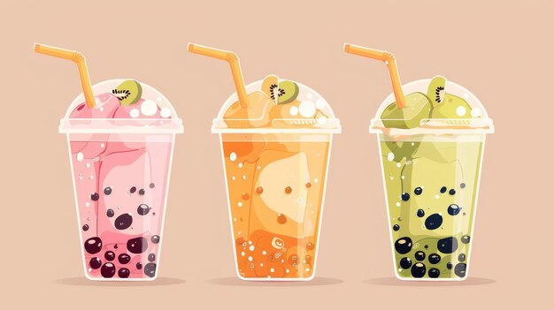 Foto el icono de la bebida de burbujas de té de leche de dibujos animados ice boba azúcar milkshake postre clipart para el menú taiwanés fruta bubbletea dulce con paja crema de tapioca en taza de plástico