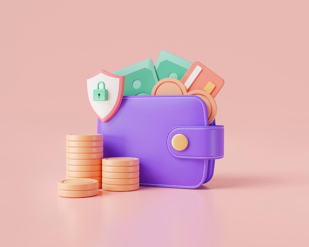 icono de billetera 3d con protección de escudo tarjeta de crédito monedas billete de dólar ahorro dinero seguridad financiera bloqueo dinero concepto de protección de billetera icono 3d render ilustración estilo minimalista de dibujos animados