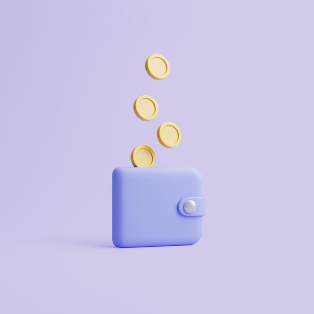 Icono de billetera azul con monedas de oro flota sobre fondo pastel ilustración 3D