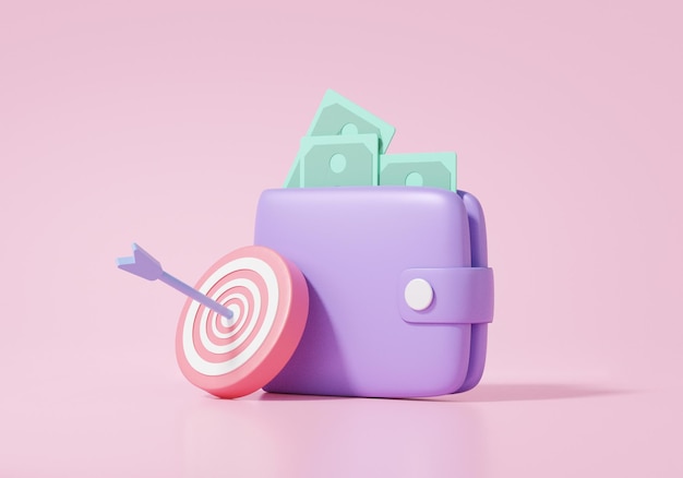 Icono de billetera con destino de flecha concepto de devolución de dinero marketing negocio finanzas beneficio dibujos animados mínimo sobre fondo rosa banner aislado ilustración 3d render