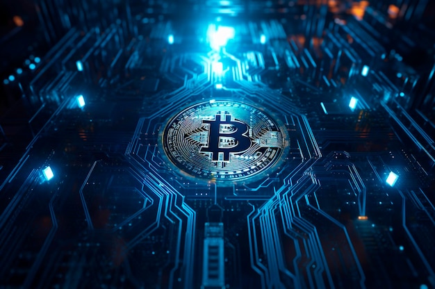 Icono de Bitcoin blockchain moneda criptográfica tecnología de cifrado digital conexiones de red global concepto de fondo AI generado