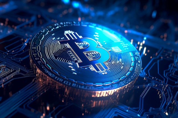 Icono de Bitcoin blockchain moneda criptográfica tecnología de cifrado digital conexiones de red global concepto de fondo AI generado