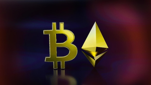 Foto icono de bitcoin y ethereum cryptocurrency 3d renderizado de bitcoins dorados y ethereum