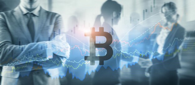 Icono de Bitcoin medios mixtos Concepto de criptomoneda con doble exposición