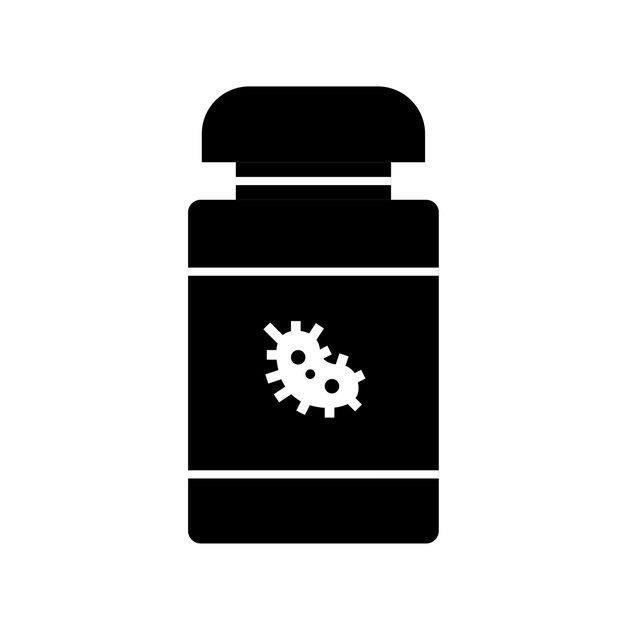 Icono en blanco y negro de un frasco de medicamentos con un icono de símbolo de engranaje sobre un fondo blanco