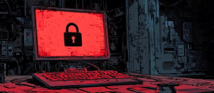 Foto icono de bloqueo rojo en una pantalla de computadora moderna en un entorno industrial oscuro