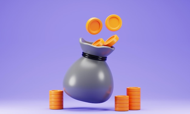 Foto icono de bolsa de monedas aislado en fondo púrpura icono financiero de negocios en renderizado 3d