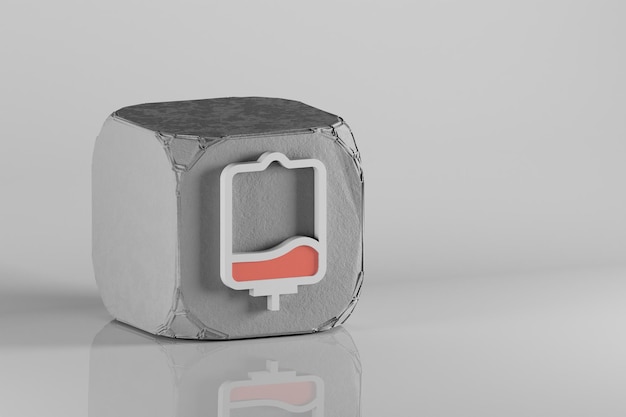 Foto icono de bolsa de sangre hermoso símbolo de sangre médico en un cubo de hormigón y fondo de cerámica blanca renderización 3d