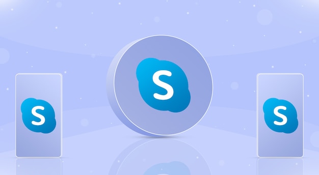 Icono de botón redondo de skype con dos teléfonos con logo de skype en pantallas 3d