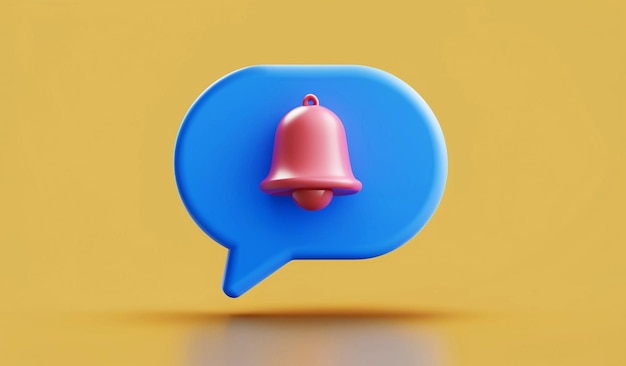 Icono de burbuja de voz azul de mensaje de chat 3d con símbolo de recordatorio de aviso de alerta de notificación de campana
