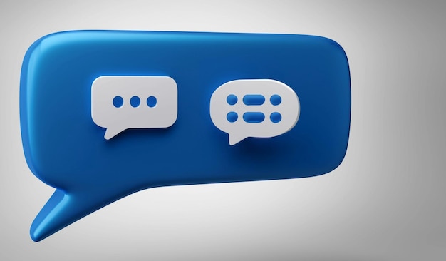 Icono de burbuja de voz azul de mensaje de chat 3d con símbolo de recordatorio de aviso de alerta de notificación de campana