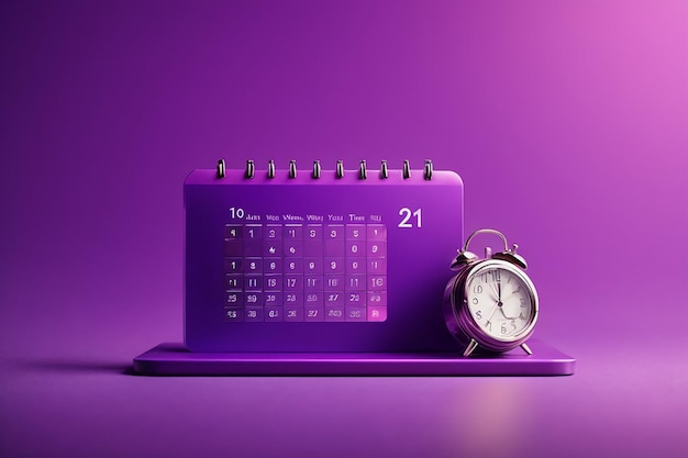 Icono de búsqueda de reloj de calendario púrpura concepto de notificación de recordatorio interfaz de usuario del sitio web sobre fondo púrpura 3d