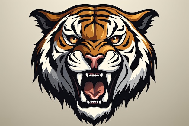 El icono de la cabeza del tigre rugiente, la pegatina, la ilustración del clipart y el concepto del logotipo de la mascota de los deportes electrónicos